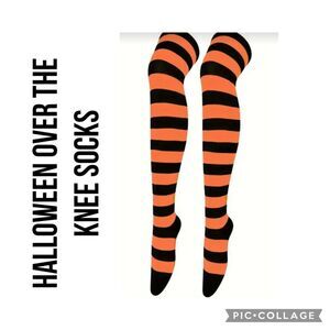 Halloween Orange & Black Striped Thigh-High Socks Costume Over-The-Knee